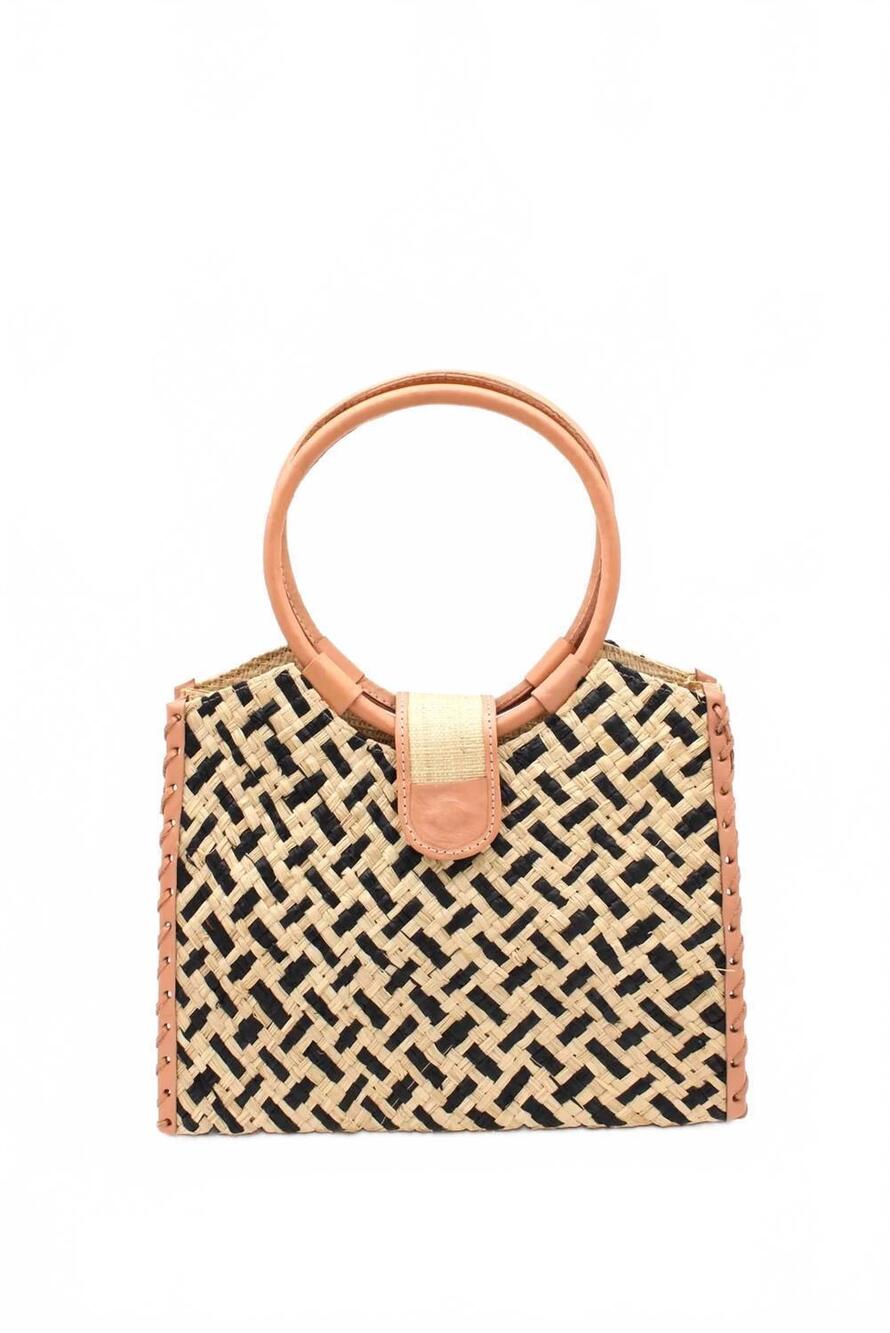 NEW SHEBOBO women's ibiza straw handbag with leather handles in black